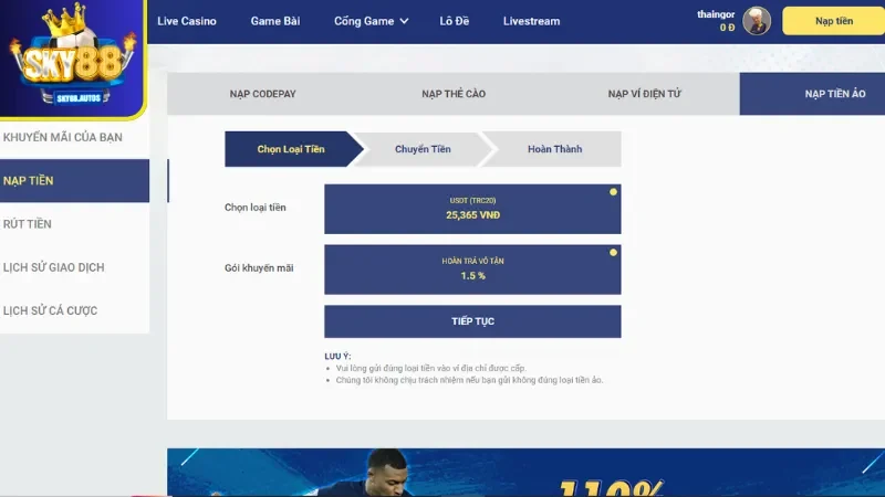 Giới hạn nạp tiền SKY88